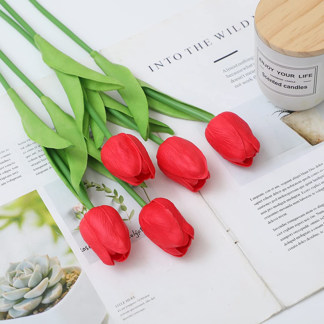 Amazon｜SOJIRUSPA 赤いチューリップ 造花 20個 フェイクチューリップ